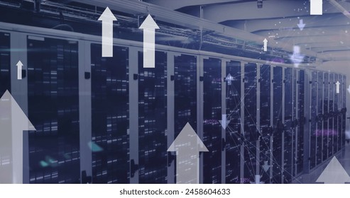 Image arrow moving upwards over illuminating data server racks. Digital composite, network security, data center, networking, technology, network server, growth, progress, upgrade.