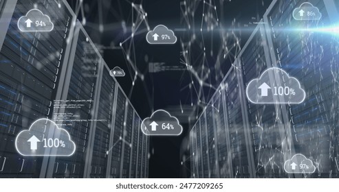 Image of arrow, numbers in cloud, connected dots and computer language over data server racks. Digital composite, communication, cloud computing, data center, networking, coding and technology.
