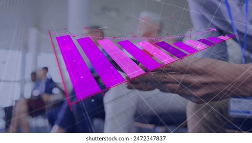 Image of arrow on falling graph over midsection of caucasian man using smartphone. Digital composite, multiple exposure, report, business, loss, reduction and technology concept.