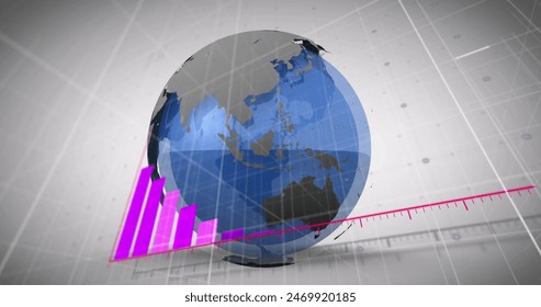 Image of arrow on graph with text in rectangles and flying airplanes around globe. Digitally generated, hologram, illustration, report, business, globalization, transportation concept.
