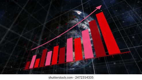 Image of arrow on growing bar graph over rotating globe against space. Digitally generated, hologram, illustration, report, business, profit and globalization concept. - Powered by Shutterstock - Get 15% off with code: PIKWIZARD15
