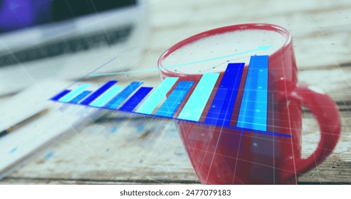 Image of arrow on growing bar graph with laptop, notepad, milk cup and cellphone on table. Digital composite, multiple exposure, report, business, growth, beverage and technology concept. - Powered by Shutterstock