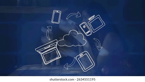 Image of arrows and computers over women drinking coffee. Global business, finances, digital interface and connections concept digitally generated image.