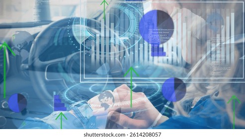 Image of arrows, diverse data, graphs and speedometer over caucasian woman in car. global automotive business, car services and technology concept digitally generated image.