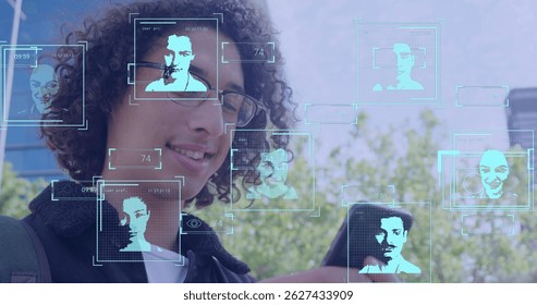 Image of arrows and icons over businessman using smartphone. Global data processing digital interface and technology concept digitally generated image.