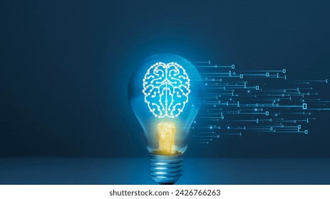 Image of an artificial intelligence (AI) brain with circuit board lines inside, inside a light bulb, with a blue background. Abstract AI concept