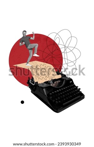 Image artwork collage of happy man celebrating success writing story isolated on drawing background