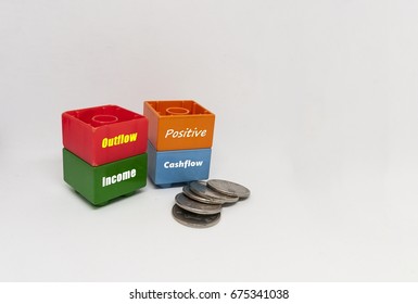 Image Of Assembled Colorful Plastic Bricks Behind Coins. Concept Image Of Personal Finance. Words 