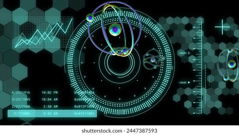 Image of atom model spinning and data processing on black background. Global science, research, connections, computing and data processing concept digitally generated image. - Powered by Shutterstock