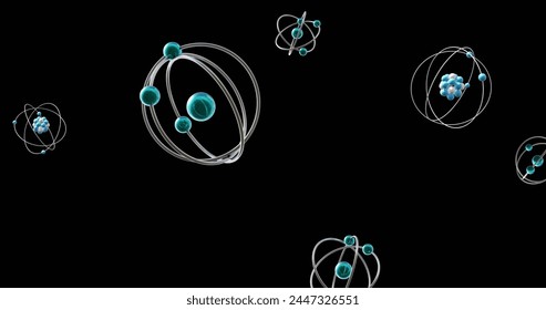 Image of atom models spinning on black background. Global science, research, connections, computing and data processing concept digitally generated image. - Powered by Shutterstock