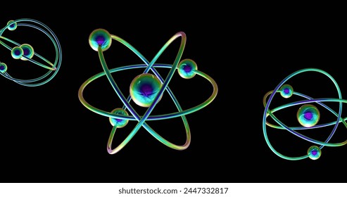 Image of atom models spinning on black background. Global science, research, connections, computing and data processing concept digitally generated image.