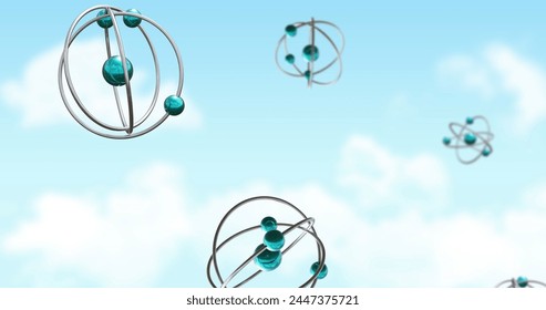 Image of atom models spinning on clouds on blue background. Global science, research, connections, computing and data processing concept digitally generated image. - Powered by Shutterstock