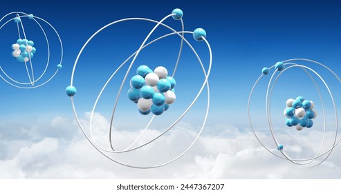 Image of atom models spinning over clouds on blue background. Global science, research, connections, computing and data processing concept digitally generated image. - Powered by Shutterstock