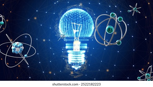 Image of atomic structures moving over light bulb and networks on dark background. Network, energy, digital interface, science, research and communication, digitally generated image. - Powered by Shutterstock - Get 15% off with code: PIKWIZARD15