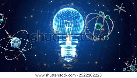 Image of atomic structures moving over light bulb and networks on dark background. Network, energy, digital interface, science, research and communication, digitally generated image.