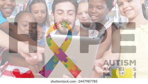 Image of autism awareness month text over diverse schoolchildren and teacher using tablet. autism awareness month and celebration concept digitally generated image. - Powered by Shutterstock