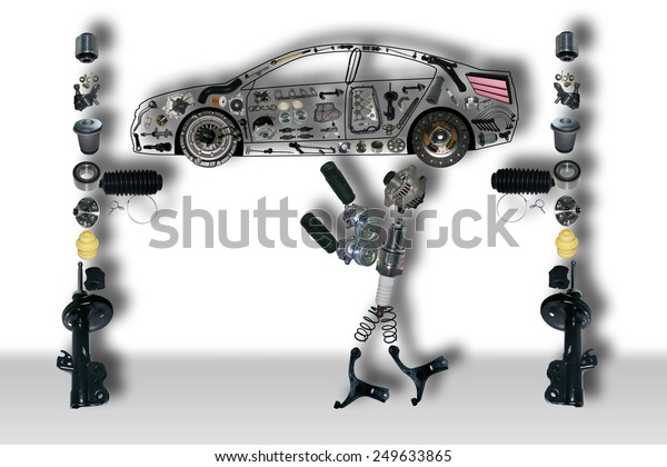 Image of auto mechanic under the car. New auto\
parts, spare parts laid out in the form of a car. Spare parts for\
shop, aftermarket OEM. New spare parts for shop. Many auto parts,\
spare parts for car.