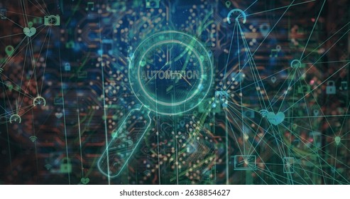Image of automation text over reading glass and data processing. Global business and digital interface concept digitally generated image.