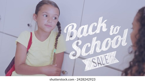 Image of back to school sale text over happy diverse schoolgirls talking by lockers. Friendship, school, education, childhood and learning, digitally generated image. - Powered by Shutterstock