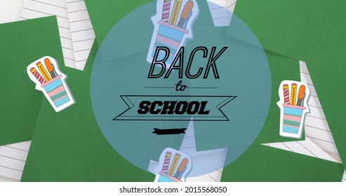 Image of back to school text and school items icons moving on white background. education, development and learning concept digitally generated image.