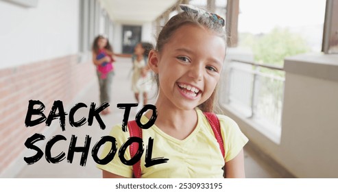 Image of back to school text over smiling biracial schoolgirl in school corridor. School, education, childhood and learning, digitally generated image. - Powered by Shutterstock