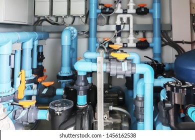 Image background of inside mechanical room of pipeline system for swimming pool.