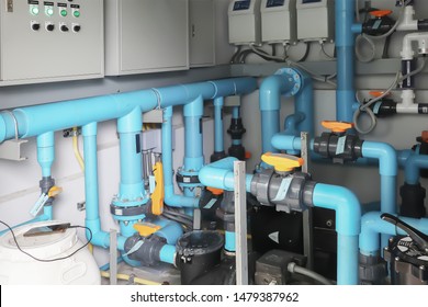 Image Background Of Inside Mechanical Room Of Pipeline System For Swimming Pool.
