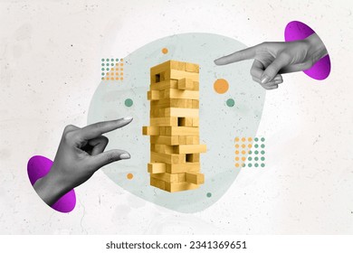 Image banner photo poster collage of business people person build huge high jenga tower isolated on painted 3d background - Shutterstock ID 2341369651