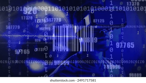 Image of bar code and binary coding data processing over african american man in vr headset. Global computing, digital interface and data processing concept digitally generated image. - Powered by Shutterstock