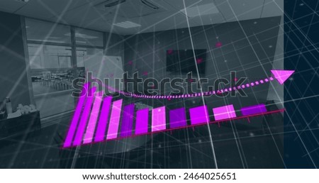 Image of bar graph downgrading over empty chairs and table arranged in meeting room. Digital composite, television set, business, report, inflation, crisis, recession, loss, furniture and office.