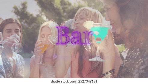 Image of bar text over happy diverse friends with drinks. world cocktail day and celebration concept digitally generated image. - Powered by Shutterstock