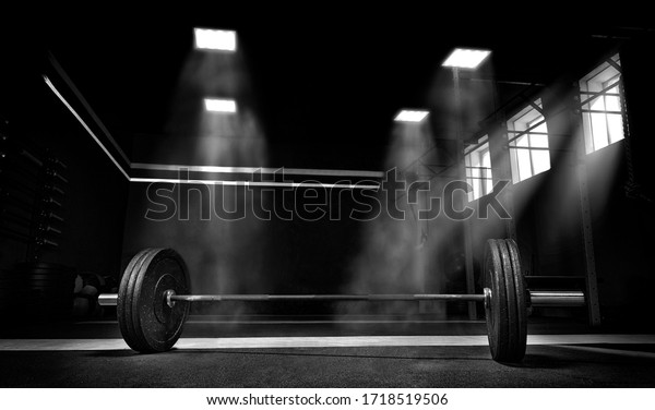 Image of barbell in the gym. The concept of\
sport and healthy lifestyle. Mixed\
media
