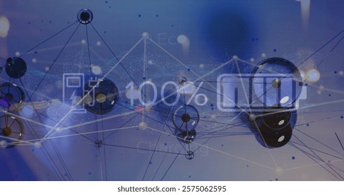 Image of battery charge, network of connections and data processing over blue background. Global connections, computing and data processing concept digitally generated image.