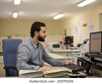 Image Of Bearded Hipster Office Clerk Working At Office 