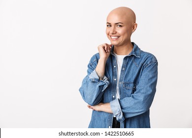 Image Of A Beautiful Happy Bald Woman Posing Isolated Over White Wall Background.