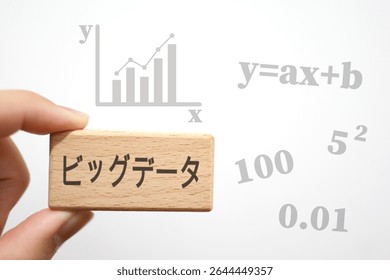 Image of big data with formulas and graphs. White background and wooden blocks. Translation: Big data.