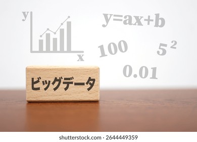 Image of big data with formulas and graphs. White background and wooden blocks. Translation: Big data.