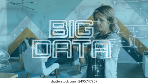 Image of big data text and navigation pattern over caucasian woman using smartwatch. Digital composite, multiple exposure, direction, business, dataset and technology concept. - Powered by Shutterstock