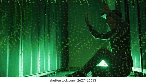 Image of binary code over asian man with vr headset working in server room. network, programming, computers and technology concept digitally generated image.