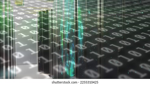 Image of binary code and shapes over servers. Global network, data processing, digital communication and technology concept digitally generated image.