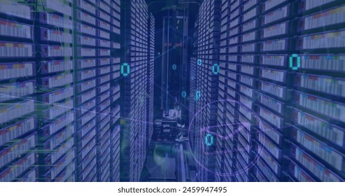 Image of binary codes coming out of tunnel, connected icons against server room and equipment. Digital composite, multiple exposure, coding, communication, technology and network server concept. - Powered by Shutterstock - Get 15% off with code: PIKWIZARD15