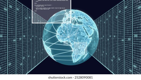 Image of binary codes, computer language, rotating globe and server racks over black background. Digitally generated, hologram, illustration, globalization, coding, data center and technology.