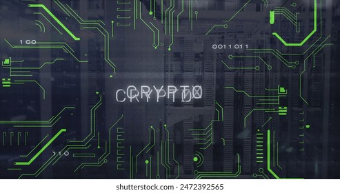 Image of binary codes and crypto text with circuit board pattern over data server systems. Digital composite, multiple exposure, computer language, currency, data center, networking and technology - Powered by Shutterstock - Get 15% off with code: PIKWIZARD15