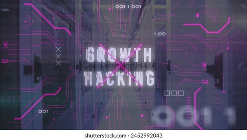 Image of binary codes over circuit board pattern and growth hacking text against server room. Digital composite, multiple exposure, coding, networking, technology and network server concept.