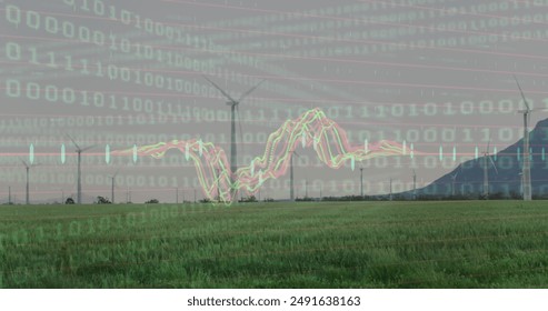 Image of binary coding and against spinning windmills on grassland. Computer interface and renewable energy technology concept