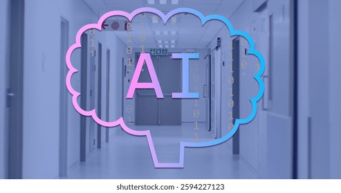 Image of binary coding and ai text over server room. Technology and digital interface concept digitally generated image.