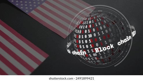 Image of binary coding, block chain text and globe with flag of usa over black background. Global finance, business, connections, computing and data processing concept digitally generated image. - Powered by Shutterstock - Get 15% off with code: PIKWIZARD15