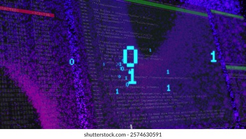 Image of binary coding and computer data processing over dark background. Global finance, business, connections, computing and data processing concept digitally generated image. - Powered by Shutterstock - Get 15% off with code: PIKWIZARD15