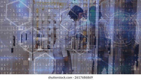 Image of binary coding data over computer servers and tired caucasian female it engineer. global internet security, data processing and digital interface concept digitally generated image.