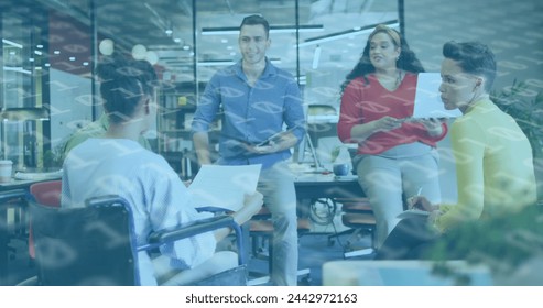 Image of binary coding data processing over diverse business people. Global business, finances, computing and data processing concept digitally generated image